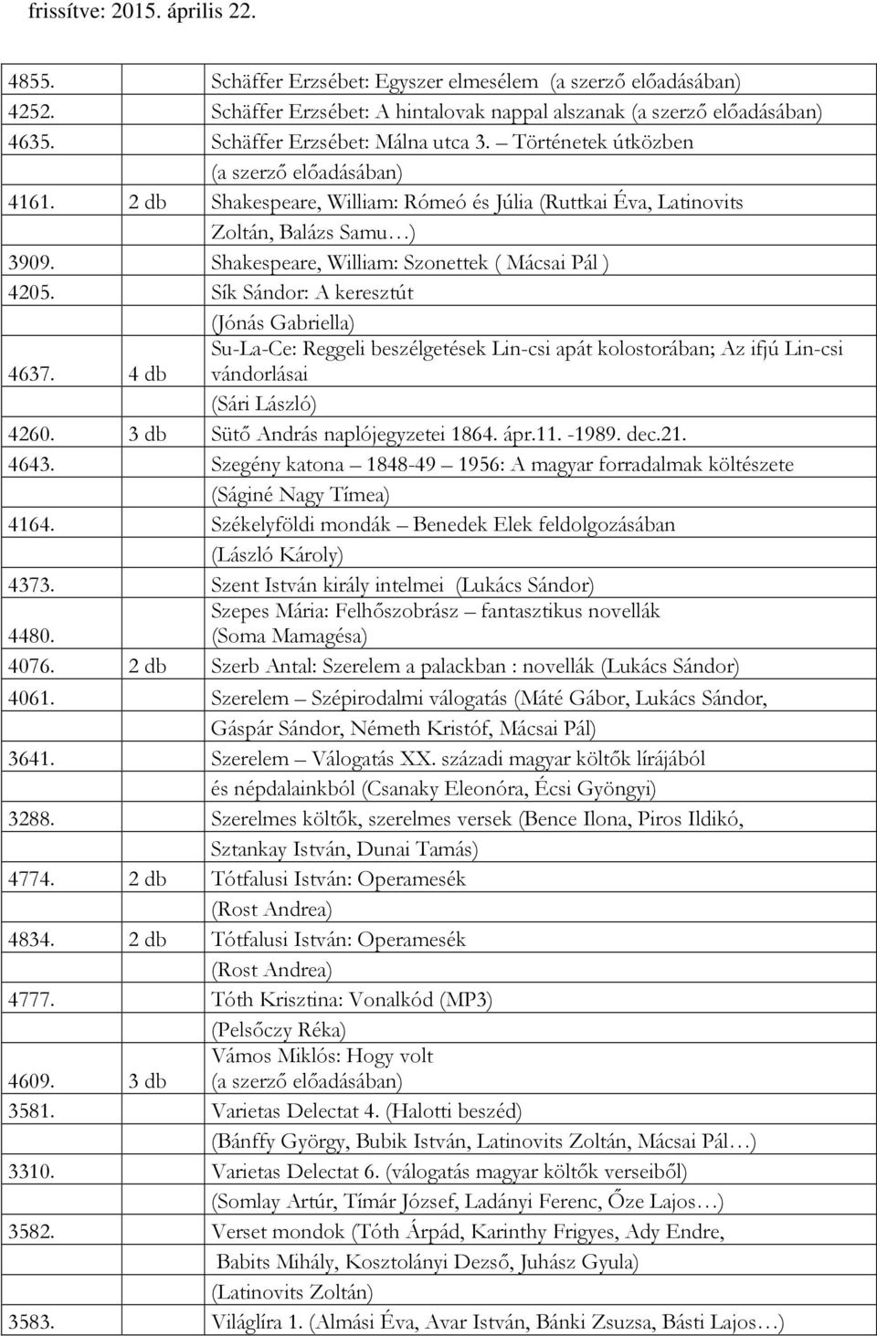 4 db Su-La-Ce: Reggeli beszélgetések Lin-csi apát kolostorában; Az ifjú Lin-csi vándorlásai (Sári László) 4260. 3 db Sütő András naplójegyzetei 1864. ápr.11. -1989. dec.21. 4643.