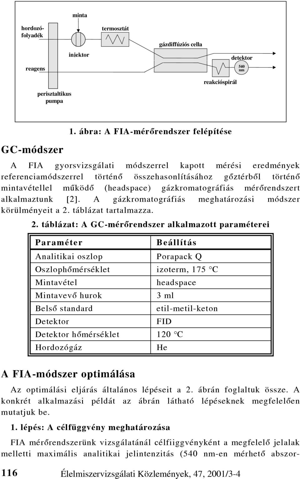 gázkromatográfiás mérõrendszert alkalmaztunk [2]. A gázkromatográfiás meghatározási módszer körülményeit a 2.