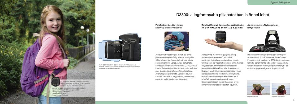 5 5.6G VR II objektívvel felszerelt D3300 a D3200 rendszerrel összehasonlítva (utóbbi a kék vonalakkal és területekkel jelezve) A D3300-at visszafogott méret, de annál jelentősebb képminőség jellemzi.