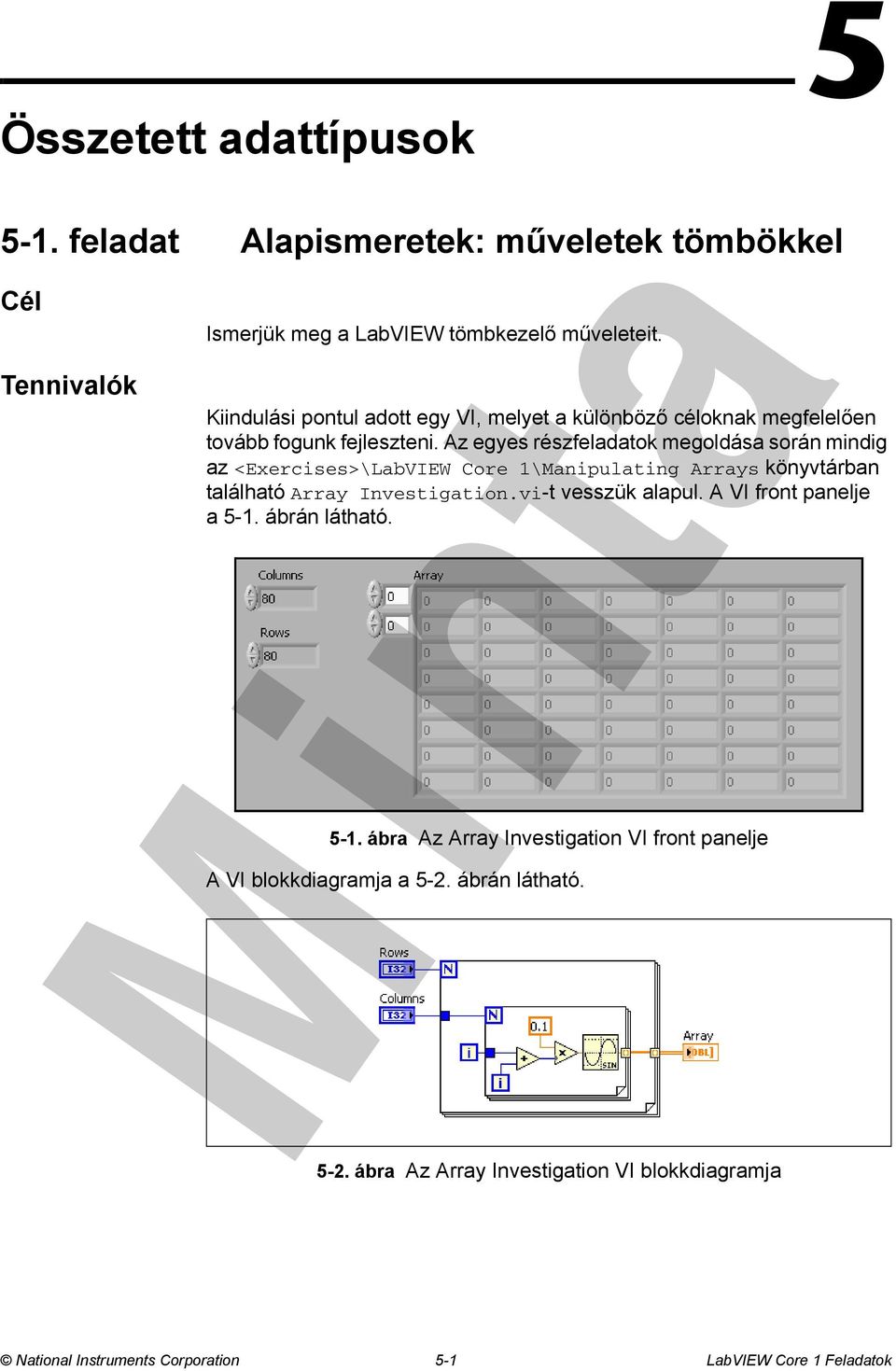 Az egyes részfeladatok megoldása során mindig az <Exercises>\LabVIEW Core 1\Manipulating Arrays könyvtárban található Array Investigation.vi-t vesszük alapul.