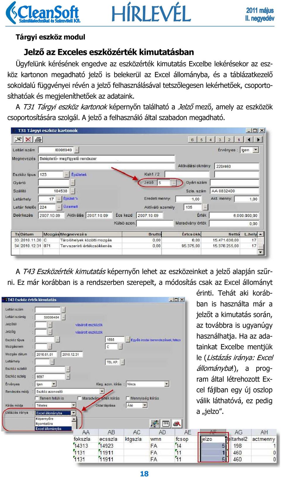 A T31 Tárgyi eszköz kartonok képernyőn található a Jelző mező, amely az eszközök csoportosítására szolgál. A jelző a felhasználó által szabadon megadható.