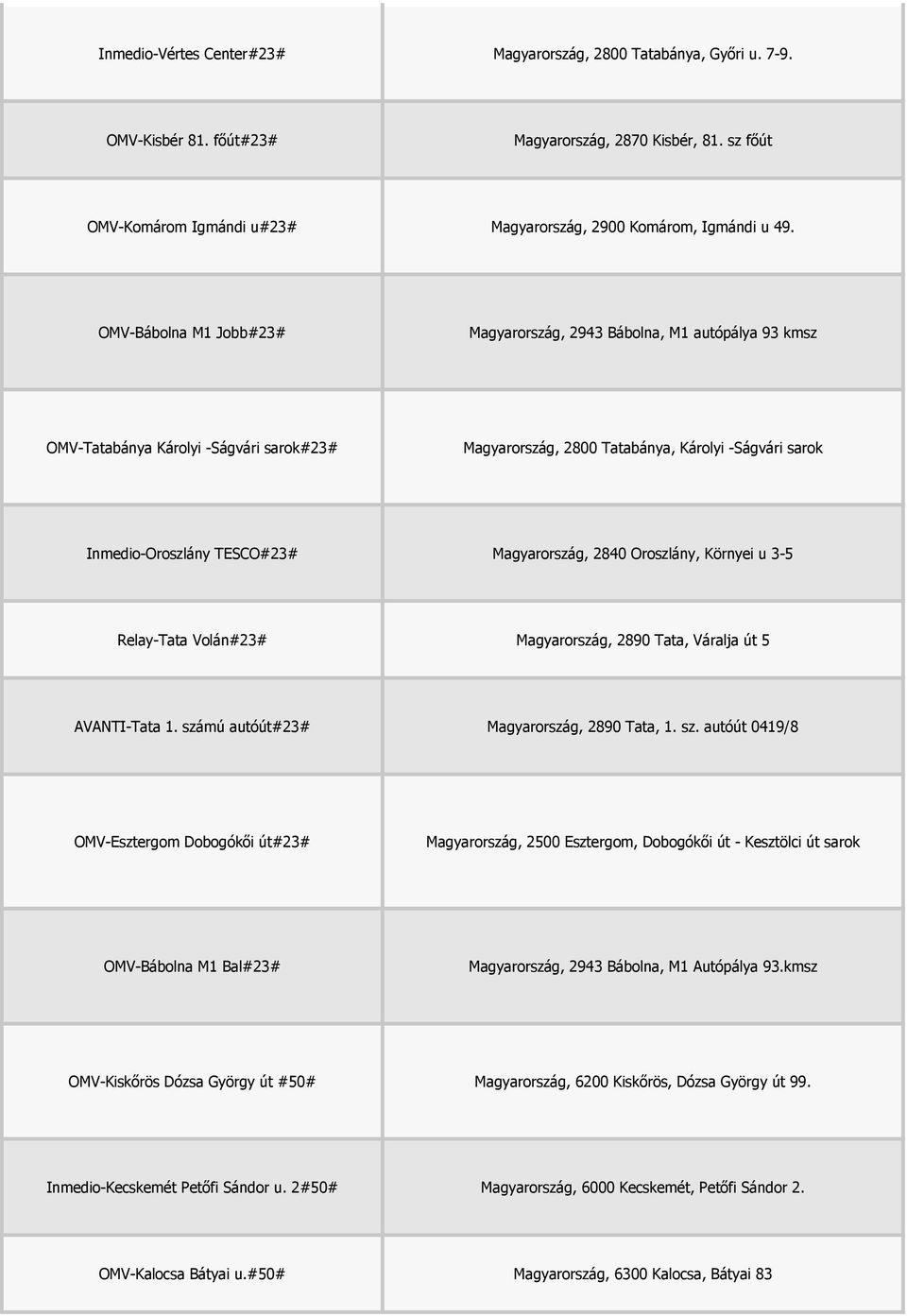 Magyarország, 2840 Oroszlány, Környei u 3-5 Relay-Tata Volán#23# Magyarország, 2890 Tata, Váralja út 5 AVANTI-Tata 1. szá