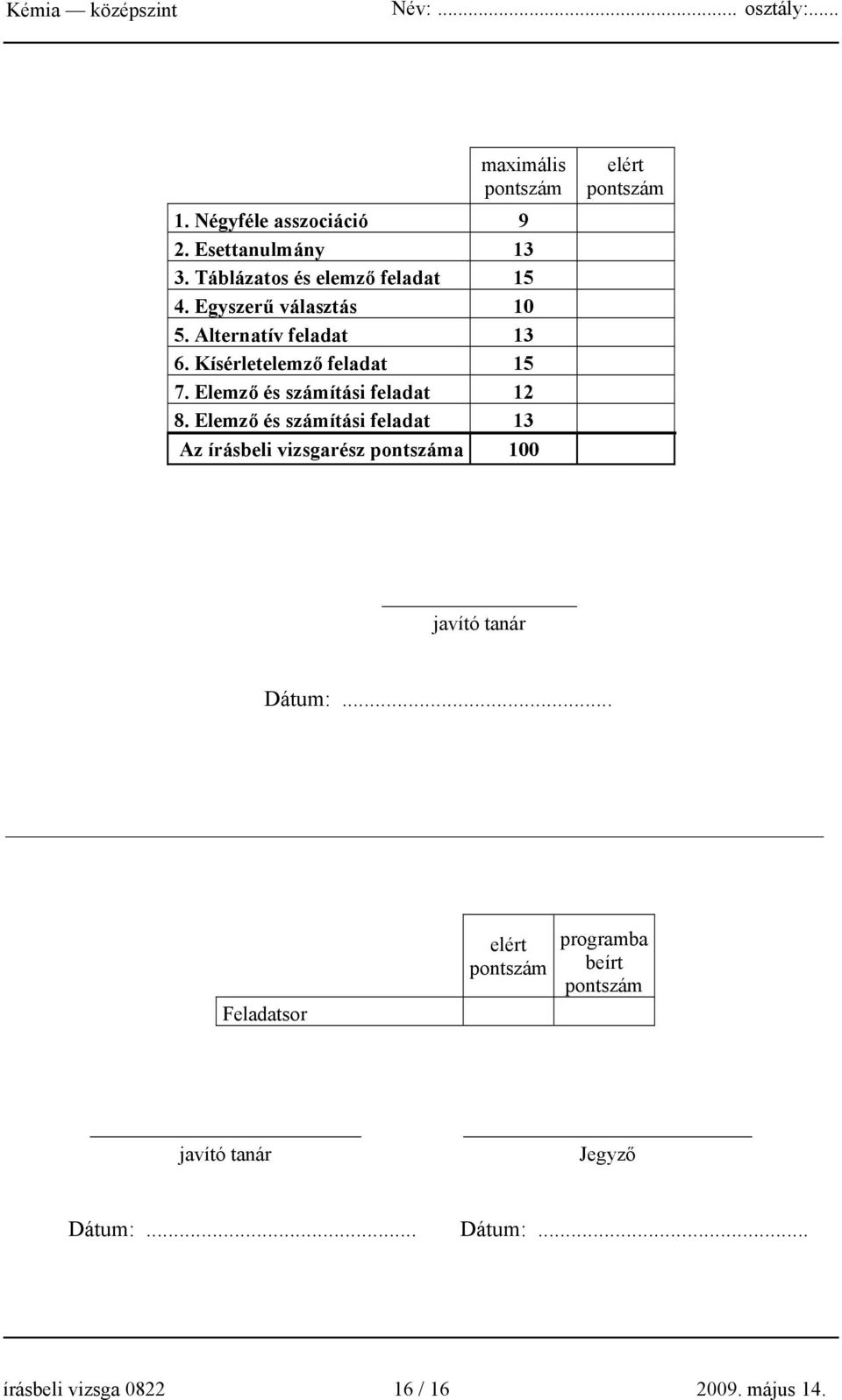 Elemző és számítási feladat 13 Az írásbeli vizsgarész pontszáma 100 elért pontszám javító tanár Dátum:.