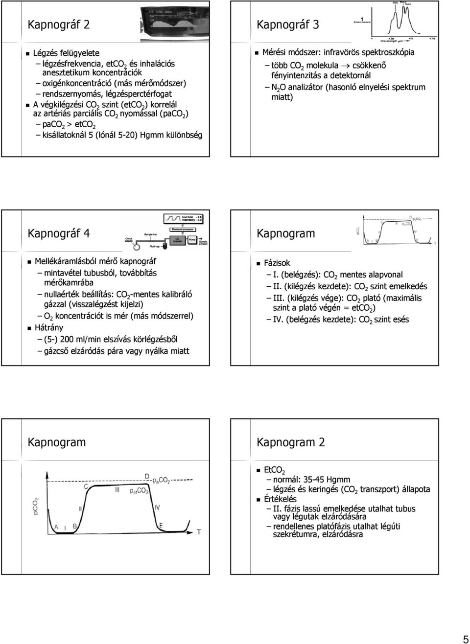 csökkenő fényintenzitás a detektornál N 2 O analizátor (hasonló elnyelési spektrum miatt) Kapnográf 4 Kapnogram Mellékáramlásból mérő kapnográf mintavétel tubusból, továbbítás mérőkamrába nullaérték