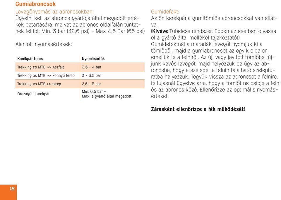 bar 3-3,5 bar 2,5-3 bar Min. 6,5 bar - Max. a gyártó által megadott Gumidefekt: Az ön kerékpárja gumitömlős abroncsokkal van ellátva. (Kivéve:Tubeless rendszer.