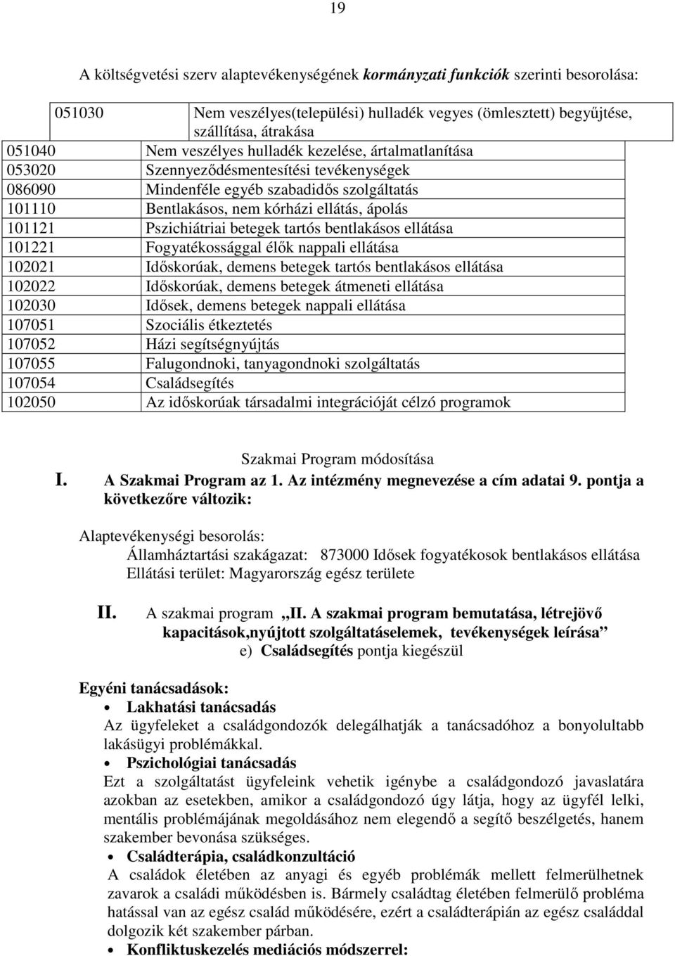 Pszichiátriai betegek tartós bentlakásos ellátása 101221 Fogyatékossággal élők nappali ellátása 102021 Időskorúak, demens betegek tartós bentlakásos ellátása 102022 Időskorúak, demens betegek