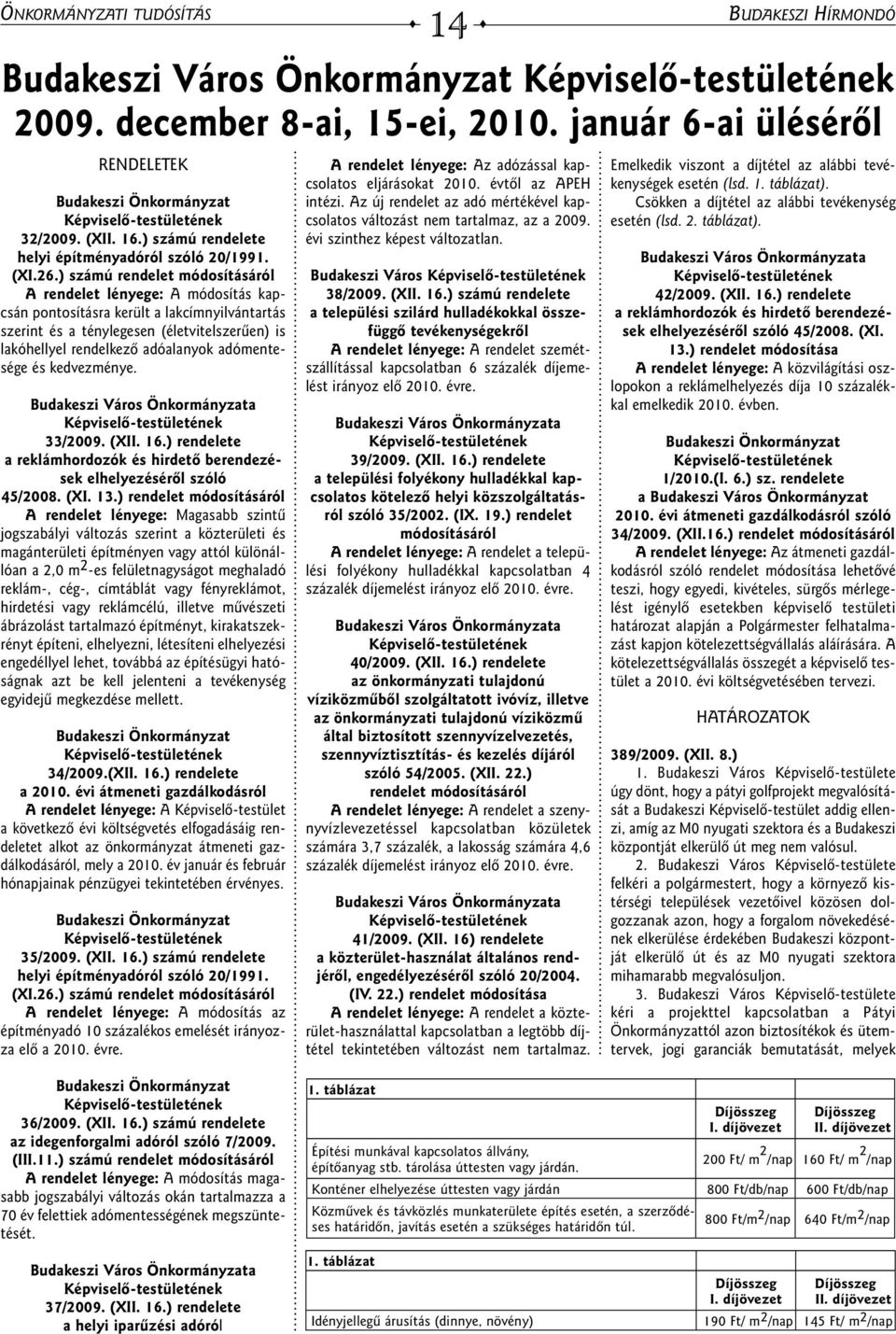 adómentesége és kedvezménye. Budakeszi Város Önkormányzata Képviselô-testületének 33/2009. (XII. 16.) rendelete a reklámhordozók és hirdetô berendezések elhelyezésérôl szóló 45/2008. (XI. 13.