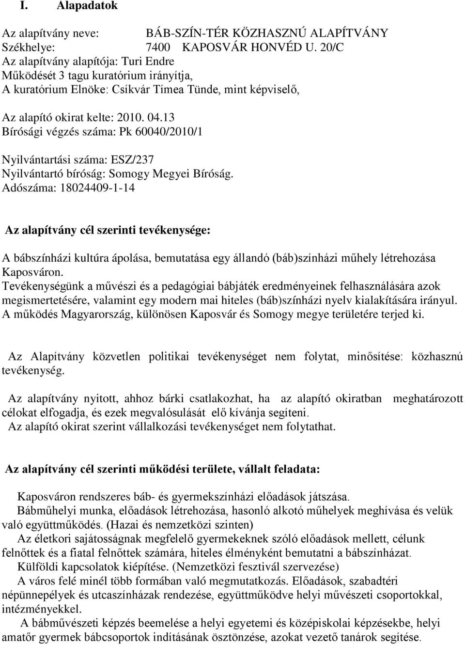 13 Bírósgi vgzs szma: Pk 60040/2010/1 Nyilvntartsi szma: ESZ/237 Nyilvntartó bírósg: Somogy Megyei Bírósg.