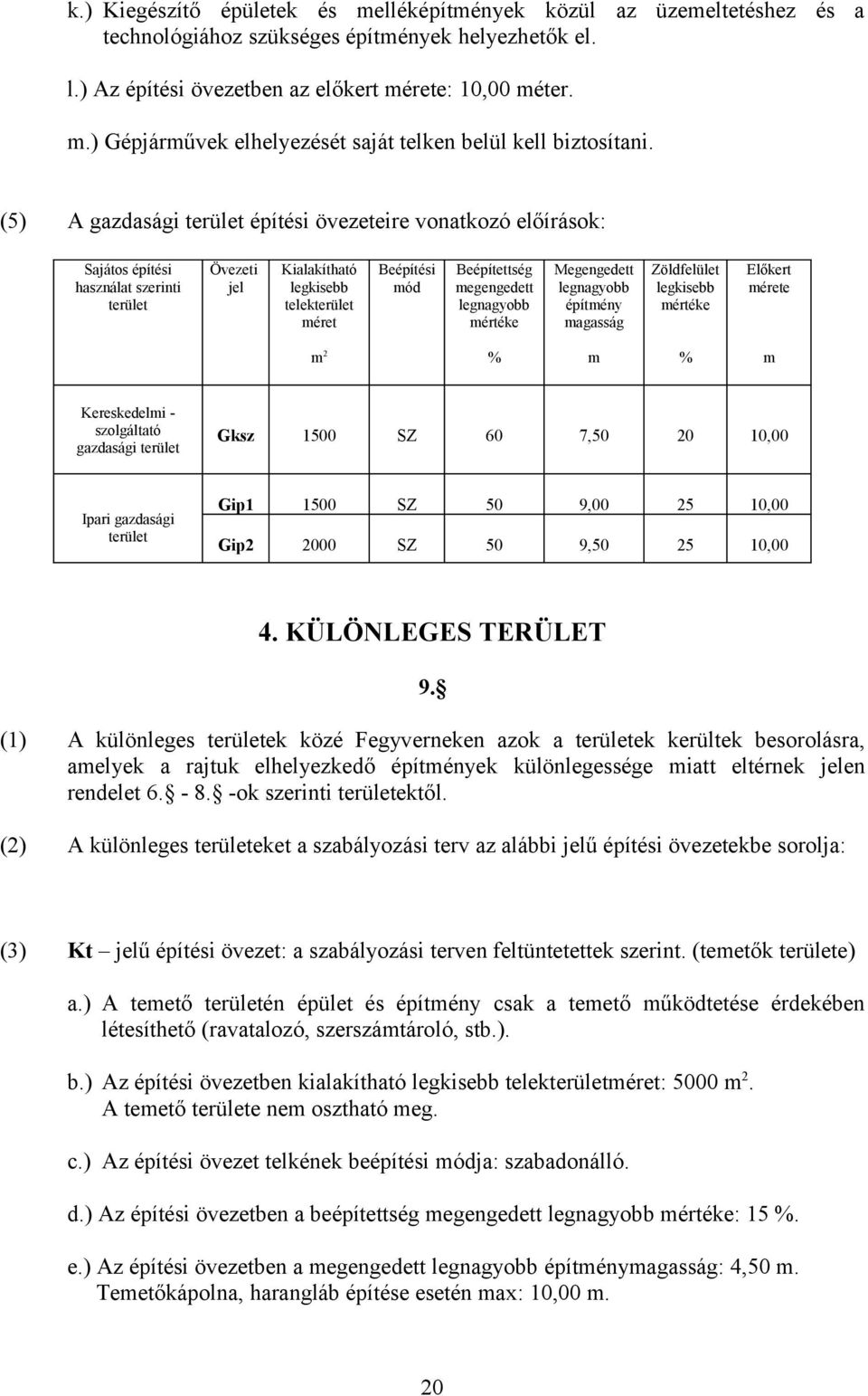 legnagyobb mértéke Megengedett legnagyobb építmény magasság Zöldfelület legkisebb mértéke Előkert mérete m 2 % m % m Kereskedelmi - szolgáltató gazdasági terület Gksz 1500 SZ 60 7,50 20 10,00 Ipari