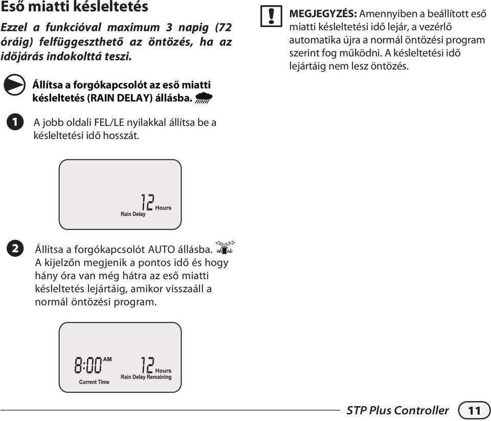 MEGJEGYZÉS: mennyiben a beállított eső miatti késleltetési idő lejár, a vezérlő automatika újra a normál öntözési program szerint fog működni.