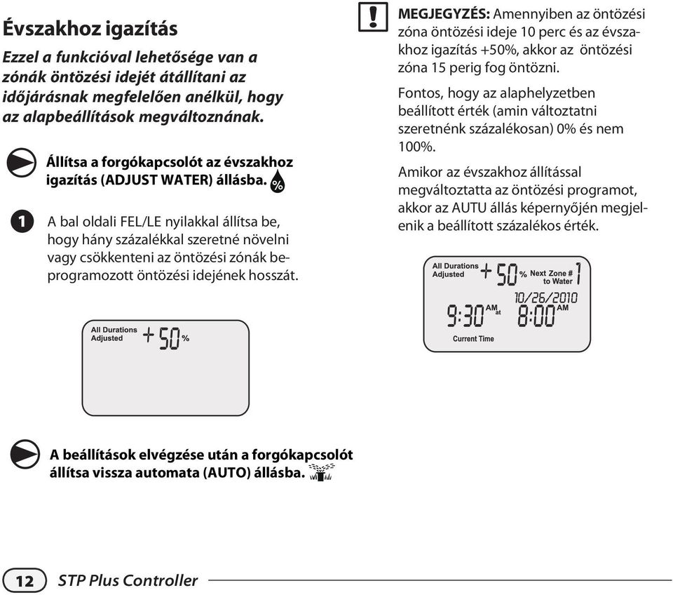 bal oldali FEL/LE nyilakkal állítsa be, hogy hány százalékkal szeretné növelni vagy csökkenteni az öntözési zónák beprogramozott öntözési idejének hosszát.