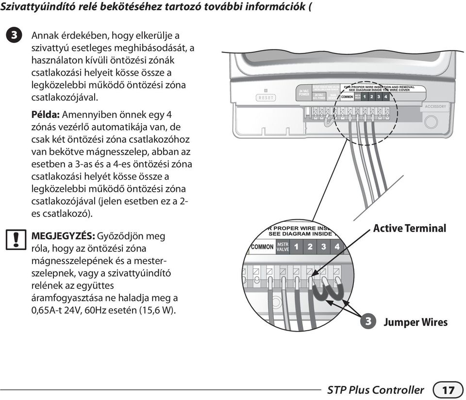 Példa: mennyiben önnek egy 4 zónás vezérlő automatikája van, de csak két öntözési zóna csatlakozóhoz van bekötve mágnesszelep, abban az esetben a 3-as és a 4-es öntözési zóna csatlakozási helyét