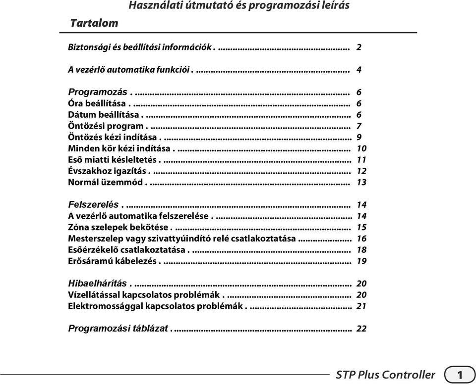 ... 13 Felszerelés.... 14 vezérlő automatika felszerelése.... 14 Zóna szelepek bekötése.... 15 Mesterszelep vagy szivattyúindító relé csatlakoztatása.