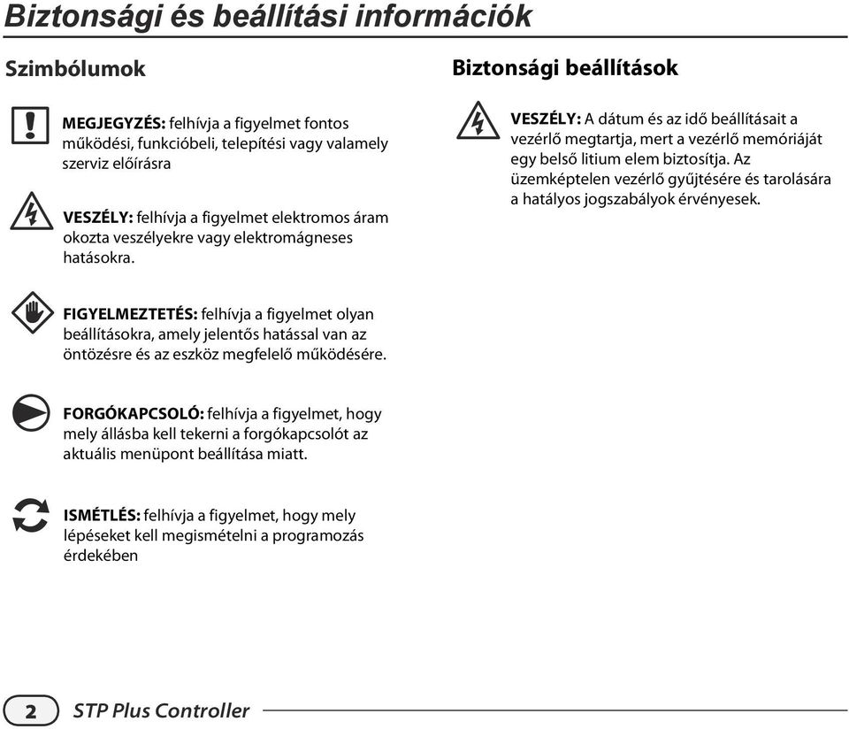 Biztonsági beállítások VESZÉLY: dátum és az idő beállításait a vezérlő megtartja, mert a vezérlő memóriáját egy belső litium elem biztosítja.