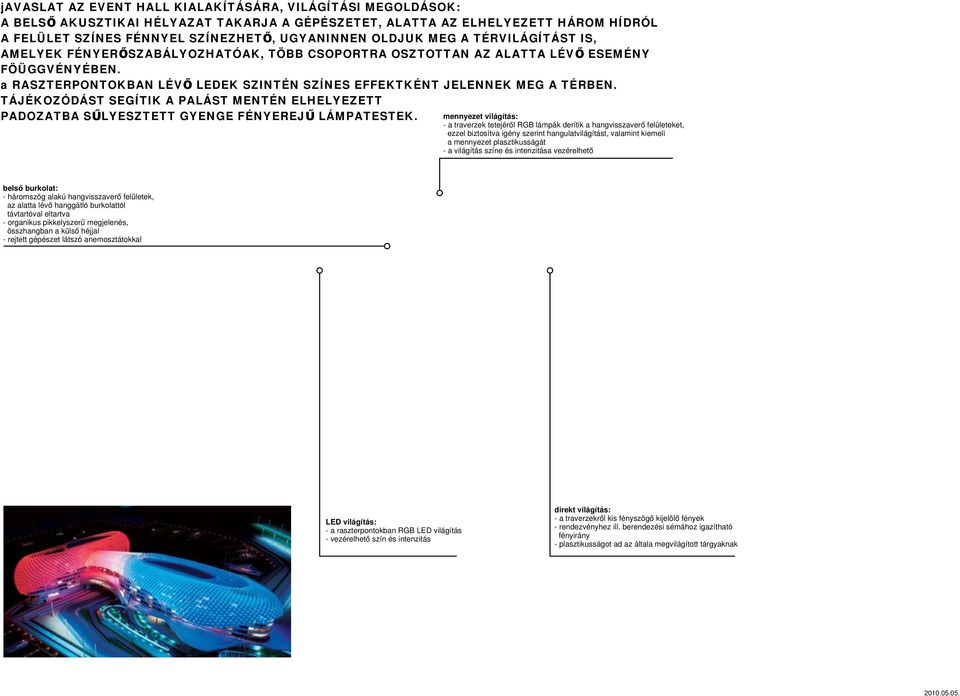 organikus pikkelyszerű megjelenés, összhangban a külső héjjal - rejtett gépészet látszó anemosztátokkal LED világítás: - a raszterpontokban RGB LED világítás - vezérelhető szín és