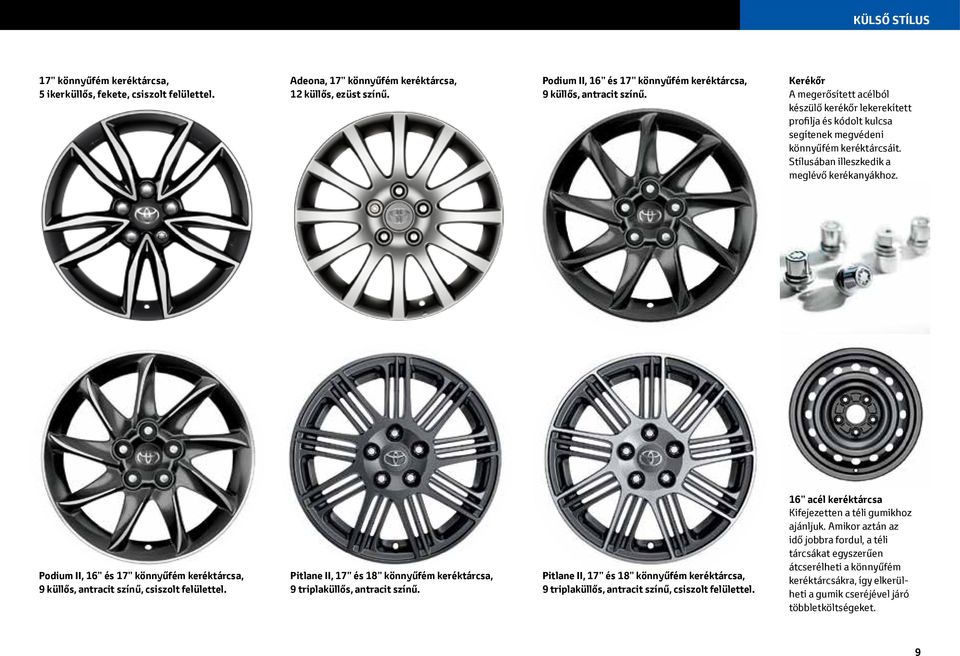 Stílusában illeszkedik a meglévő kerékanyákhoz. Podium II, 16 és 17 könnyűfém keréktárcsa, 9 küllős, antracit színű, csiszolt felülettel.