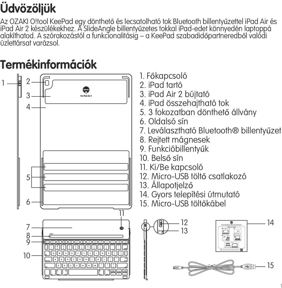 Főkapcsoló 2. ipad tartó 3. ipad Air 2 bújtató 4. ipad összehajtható tok 5. 3 fokozatban dönthető állvány 6. Oldalsó sín 7. Leválasztható Bluetooth billentyűzet 8. Rejtett mágnesek 9.