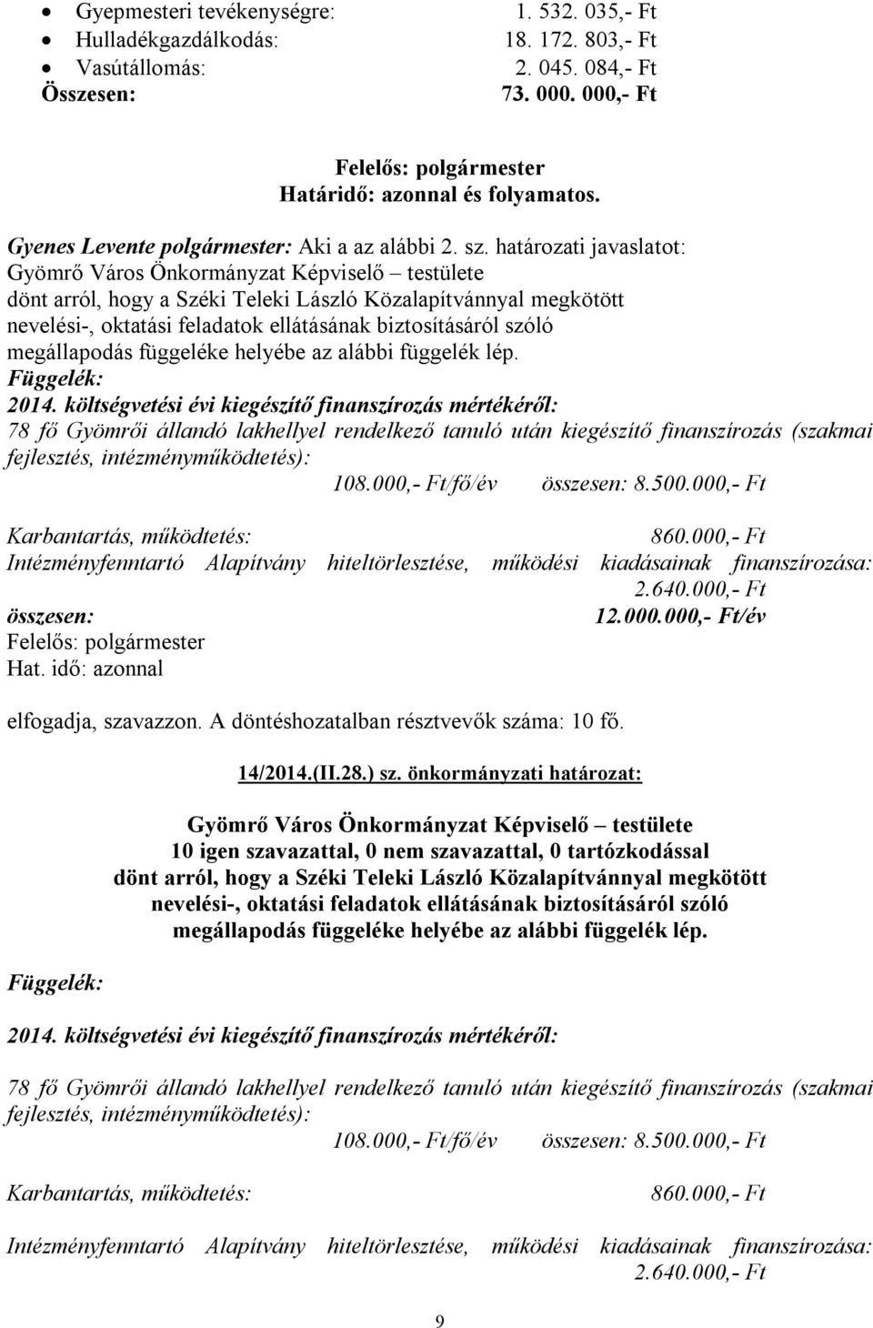 határozati javaslatot: Gyömrő Város Önkormányzat Képviselő testülete dönt arról, hogy a Széki Teleki László Közalapítvánnyal megkötött nevelési-, oktatási feladatok ellátásának biztosításáról szóló