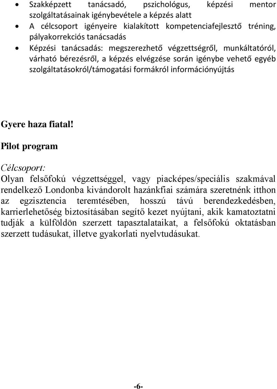 Pilot program Célcsoport: Olyan felsőfokú végzettséggel, vagy piacképes/speciális szakmával rendelkező Londonba kivándorolt hazánkfiai számára szeretnénk itthon az egzisztencia teremtésében, hosszú