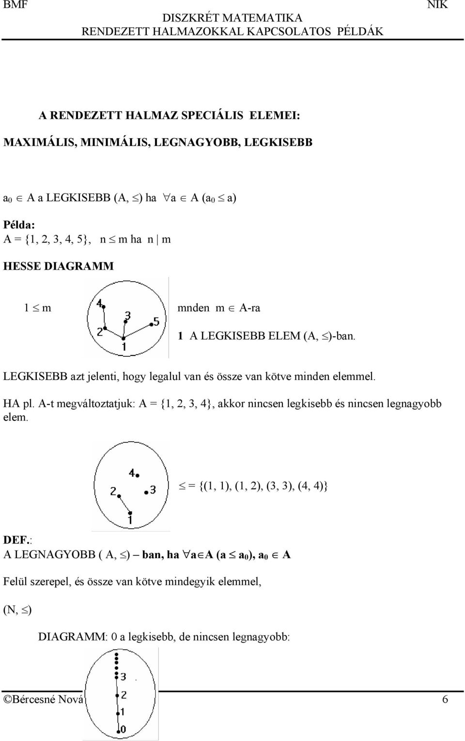 A-t megváltoztatjuk: A = {1, 2, 3, 4}, akkor nincsen legkisebb és nincsen legnagyobb elem. = {(1, 1), (1, 2), (3, 3), (4, 4)} DEF.