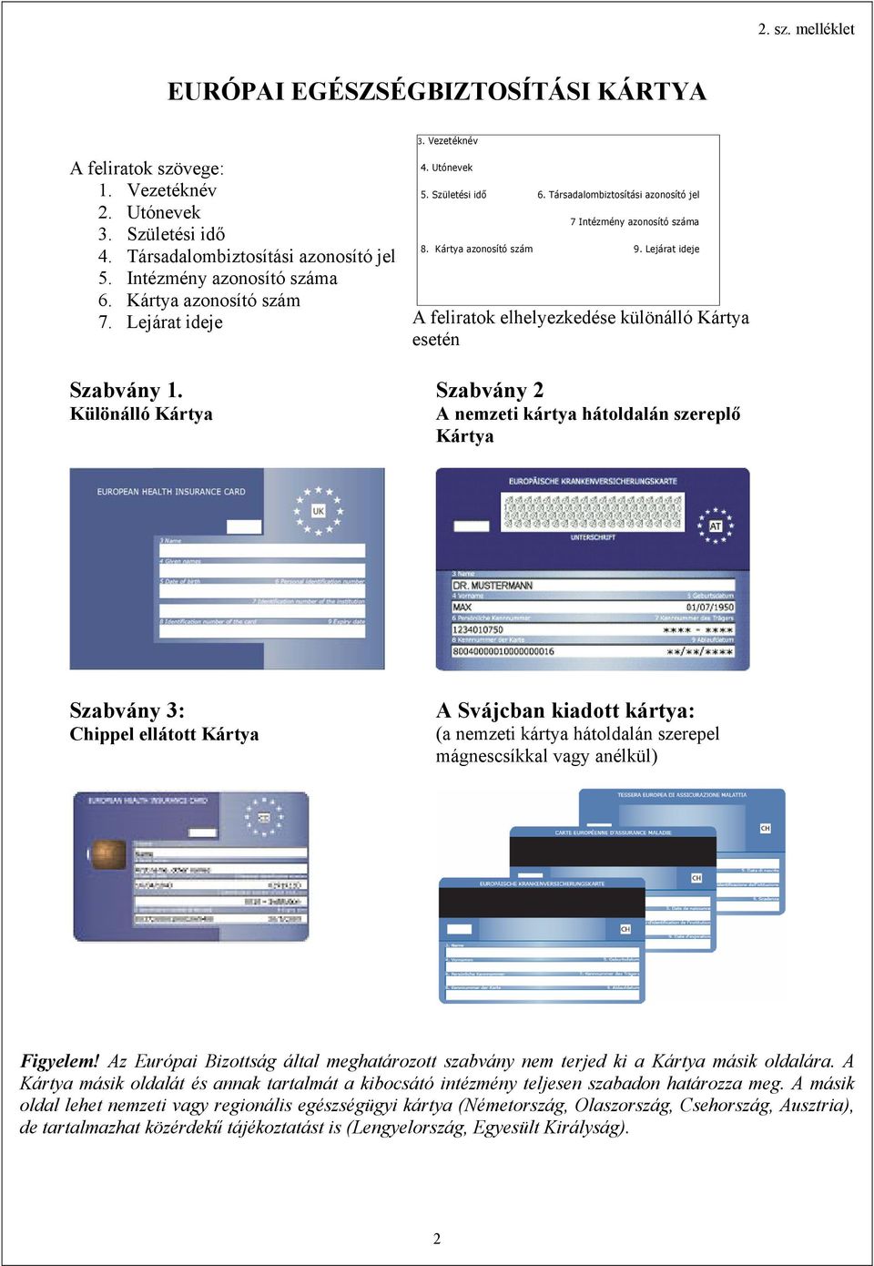 Különálló Kártya Szabvány 2 A nemzeti kártya hátoldalán szereplő Kártya Szabvány 3: Chippel ellátott Kártya A Svájcban kiadott kártya: (a nemzeti kártya hátoldalán szerepel mágnescsíkkal vagy
