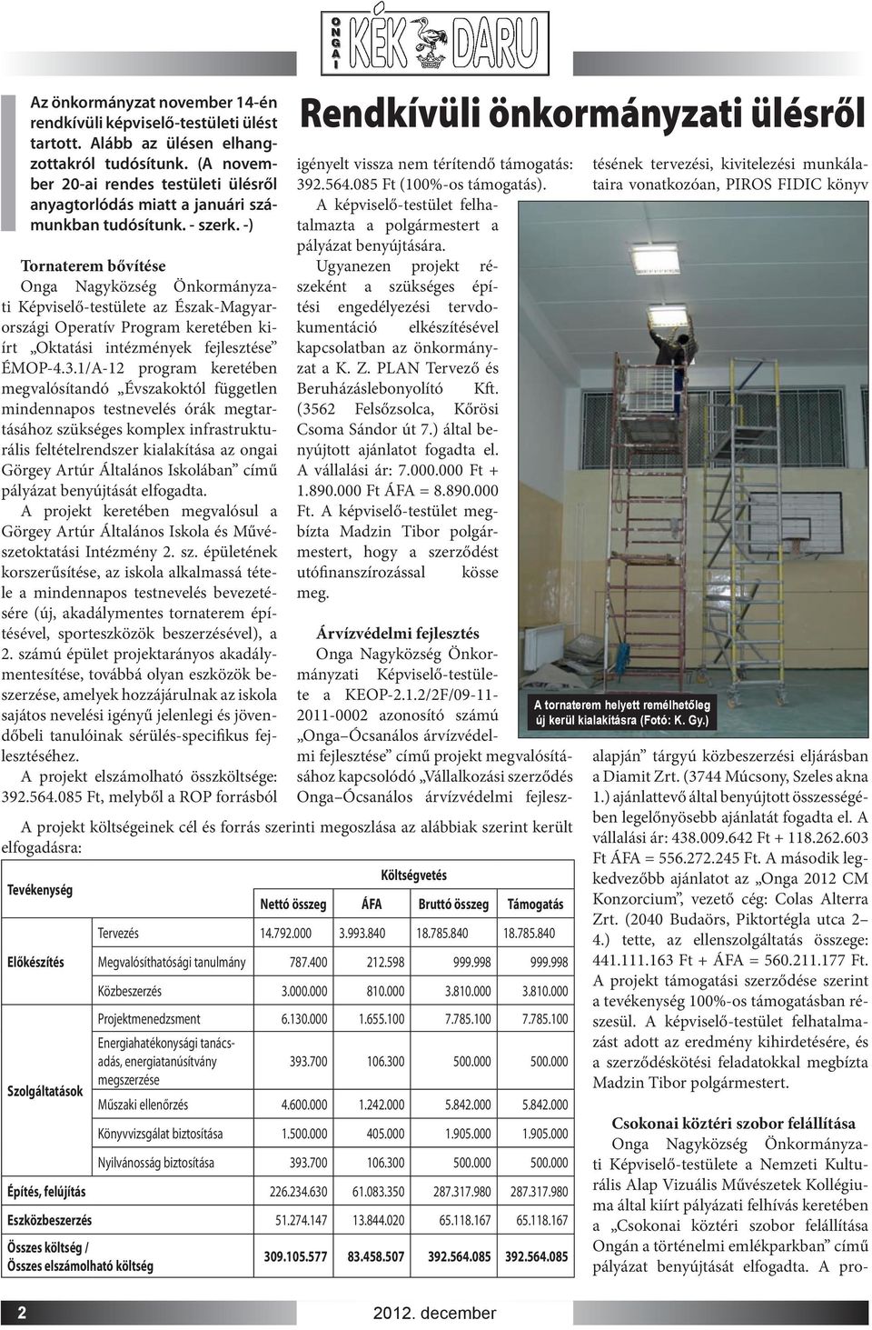 -) Tornaterem bővítése Onga Nagyközség Önkormányzati Képviselő-testülete az Észak-Magyarországi Operatív Program keretében kiírt Oktatási intézmények fejlesztése ÉMOP-4.3.