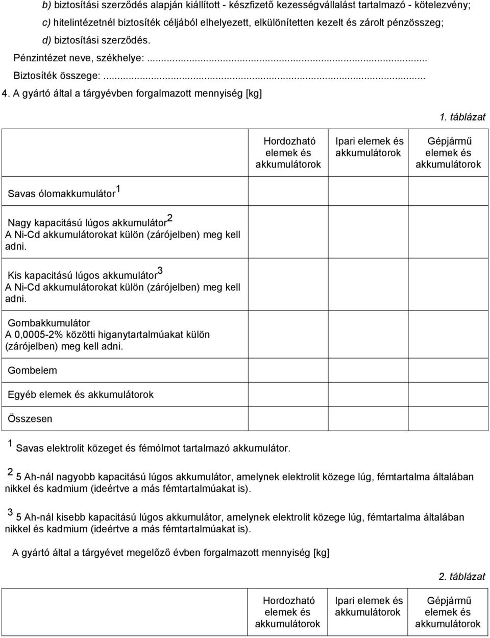 táblázat Hordozható Ipari Gépjármű Savas ólomakkumulátor 1 Nagy kapacitású lúgos akkumulátor 2 A Ni-Cd at külön (zárójelben) meg kell Kis kapacitású lúgos akkumulátor 3 A Ni-Cd at külön (zárójelben)