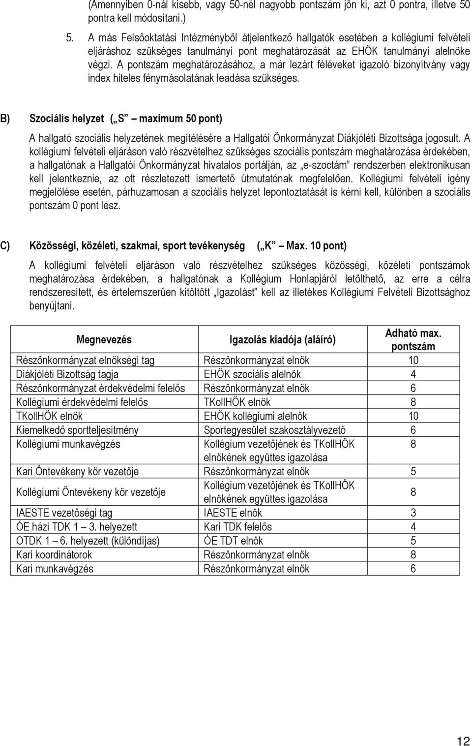 A pontszám meghatározásához, a már lezárt féléveket igazoló bizonyítvány vagy index hiteles fénymásolatának leadása szükséges.