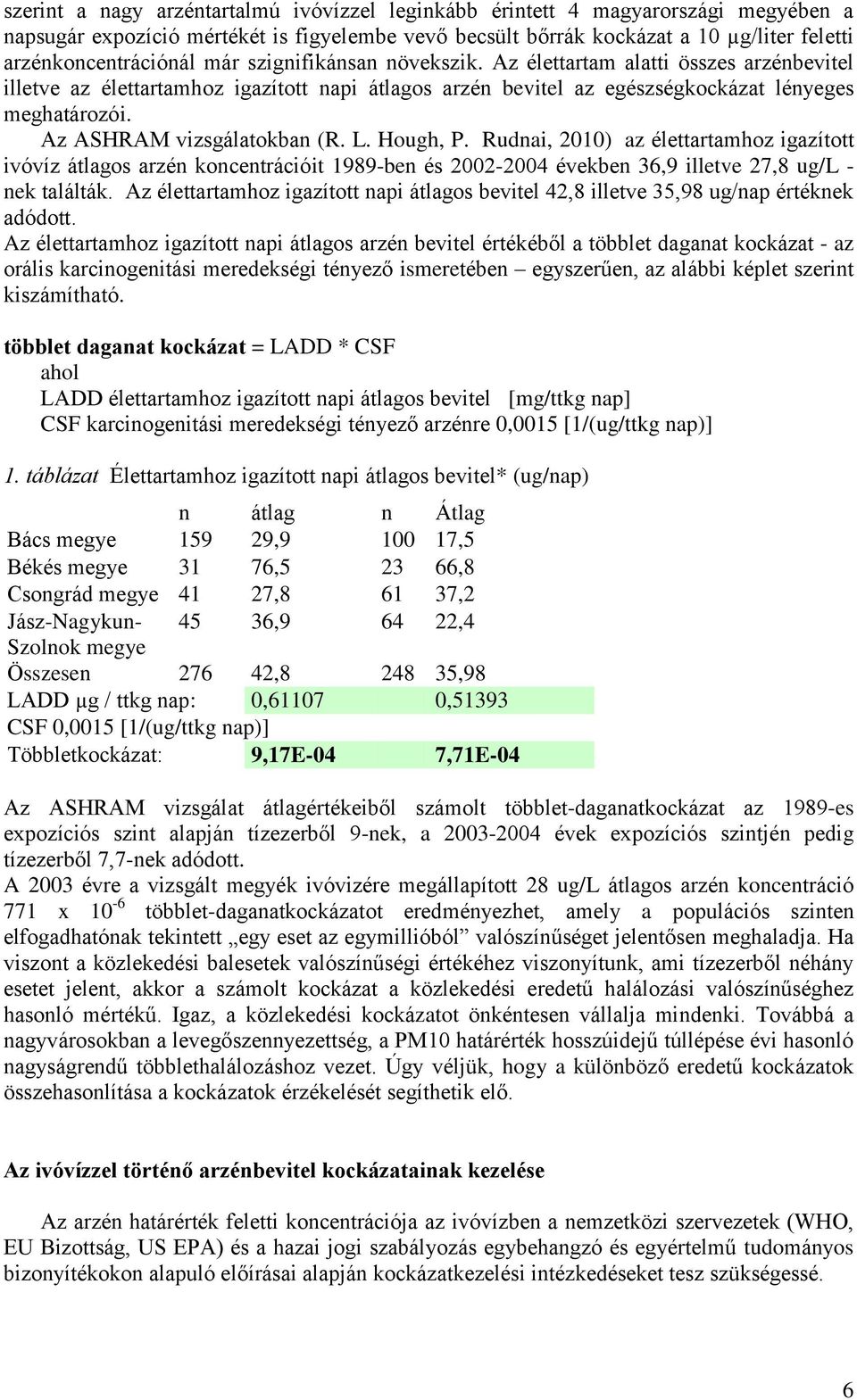 Az ASHRAM vizsgálatokban (R. L. Hough, P. Rudnai, 2010) az élettartamhoz igazított ivóvíz átlagos arzén koncentrációit 1989-ben és 2002-2004 években 36,9 illetve 27,8 ug/l - nek találták.