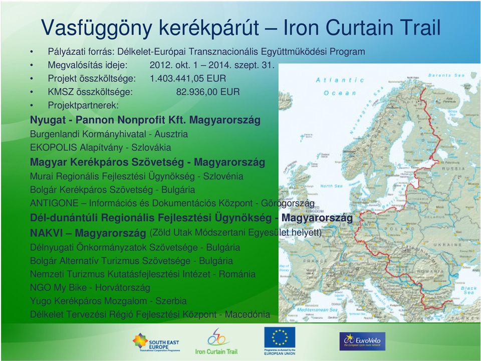 Magyarország Burgenlandi Kormányhivatal - Ausztria EKOPOLIS Alapítvány - Szlovákia Magyar Kerékpáros Szövetség - Magyarország Murai Regionális Fejlesztési Ügynökség - Szlovénia Bolgár Kerékpáros