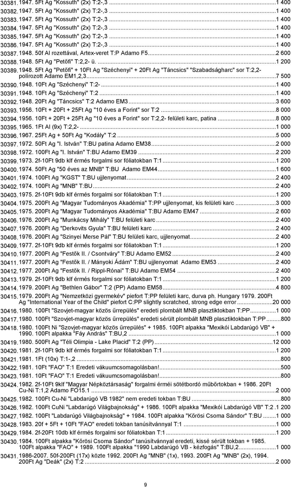 ...1 200 30389.1948. 5Ft Ag "Petőfi" + 10Ft Ag "Széchenyi" + 20Ft Ag "Táncsics" "Szabadságharc" sor T:2,2- polírozott Adamo EM1,2,3...7 500 30390.1948. 10Ft Ag "Széchenyi" T:2-...1 400 30391.1948. 10Ft Ag "Széchenyi" T:2...1 400 30392.
