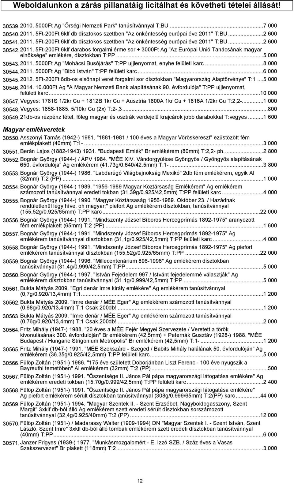 ..5 000 30543.2011. 5000Ft Ag "Mohácsi Busójárás" T:PP ujjlenyomat, enyhe felületi karc...8 000 30544.2011. 5000Ft Ag "Bibó István" T:PP felületi karc...6 000 30545.2012.
