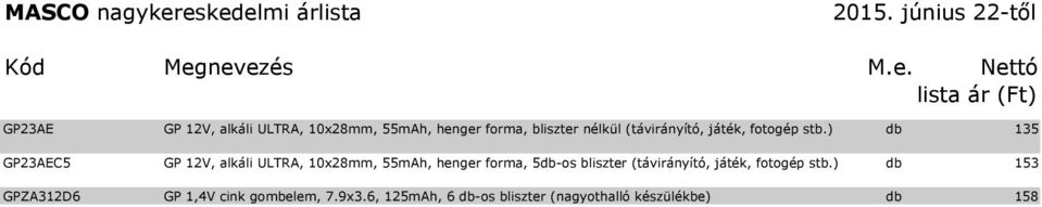 ) db 135 GP23AEC5 GP 12V, alkáli ULTRA, 10x28mm, 55mAh, henger forma, 5db-os