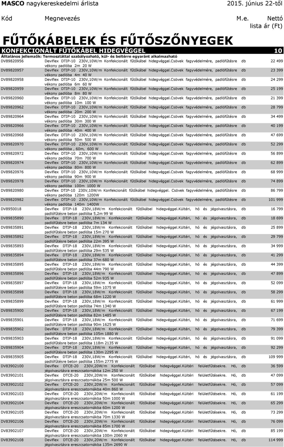 csövek fagyvédelmére, padlófűtésre vékony padlóba 4m 40 W DV89820958 Deviflex DTIP-10 230V,10W/m Konfekcionált fűtőkábel hidegvéggel.