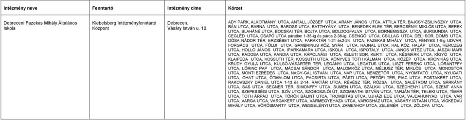 UTCA, BLAHÁNÉ UTCA, BOCSKAI TÉR, BOJTA UTCA, BOLDOGFALVA UTCA, BORNEMISSZA UTCA, BURGUNDIA UTCA, CEGLÉD UTCA, CSAPÓ UTCA páratlan 1-35-ig és páros 2-38-ig, CSENGŐ UTCA, CSILLAG UTCA, DÉLI SOR, DOMB