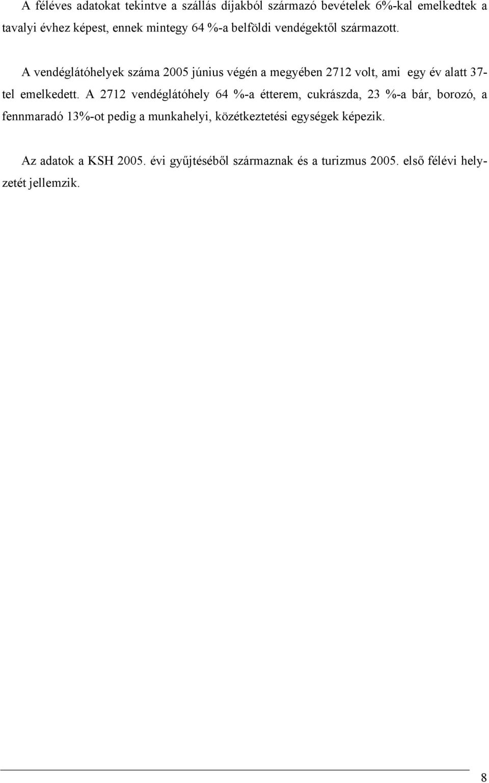 A vendéglátóhelyek száma 2005 június végén a megyében 2712 volt, ami egy év alatt 37- tel emelkedett.