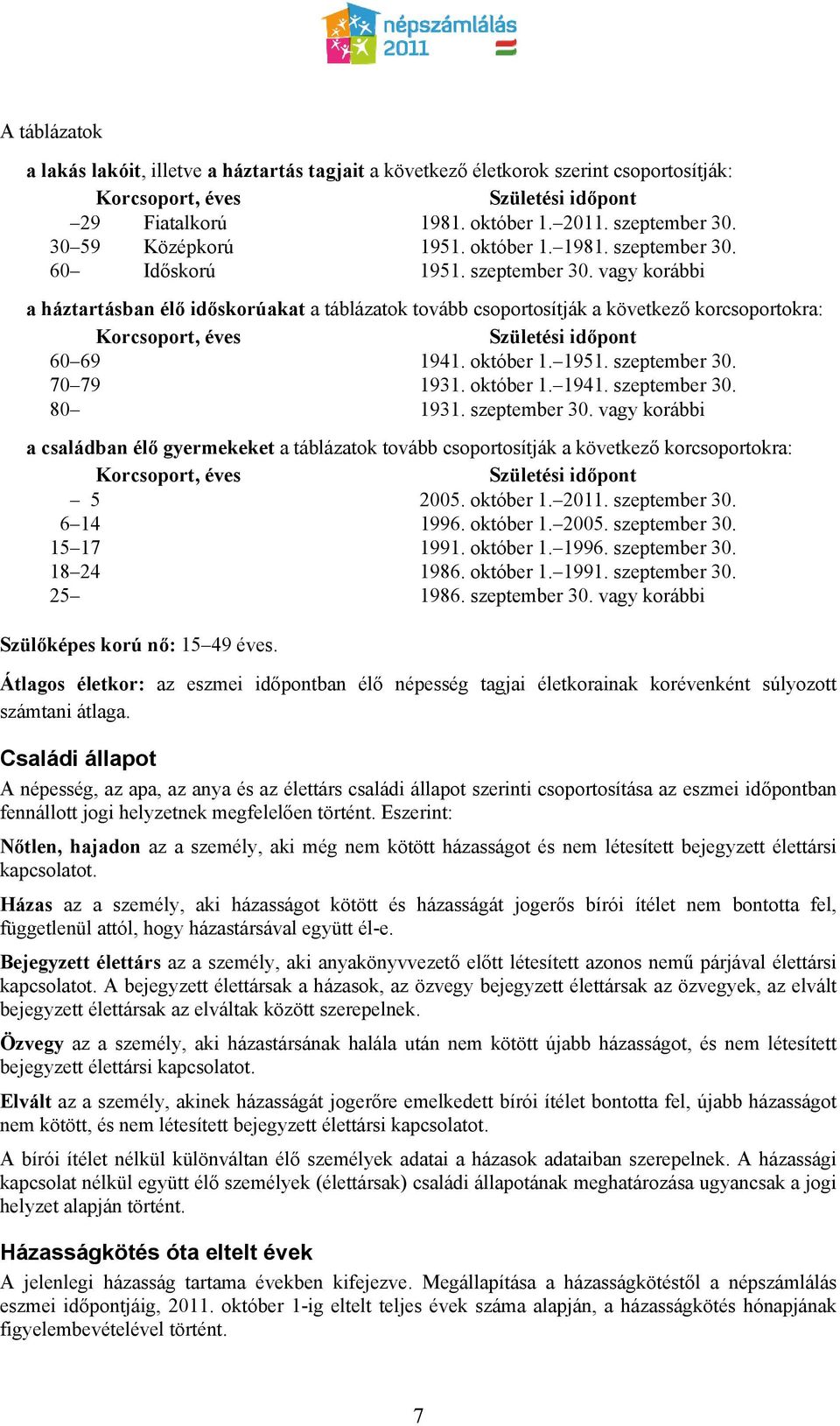 60 Időskorú 1951. szeptember 30. vagy korábbi a háztartásban élő időskorúakat a táblázatok tovább csoportosítják a következő korcsoportokra: Korcsoport, éves Születési időpont 60 69 1941. október 1.