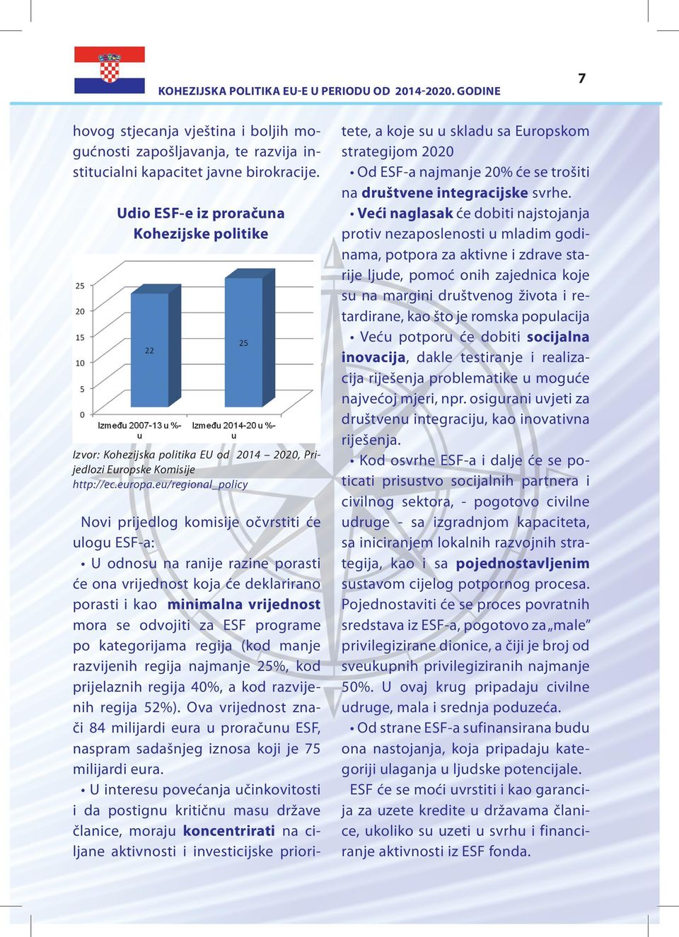 eu/regional_policy Novi prijedlog komisije očvrstiti će ulogu ESF-a: U odnosu na ranije razine porasti će ona vrijednost koja će deklarirano porasti i kao minimalna vrijednost mora se odvojiti za ESF