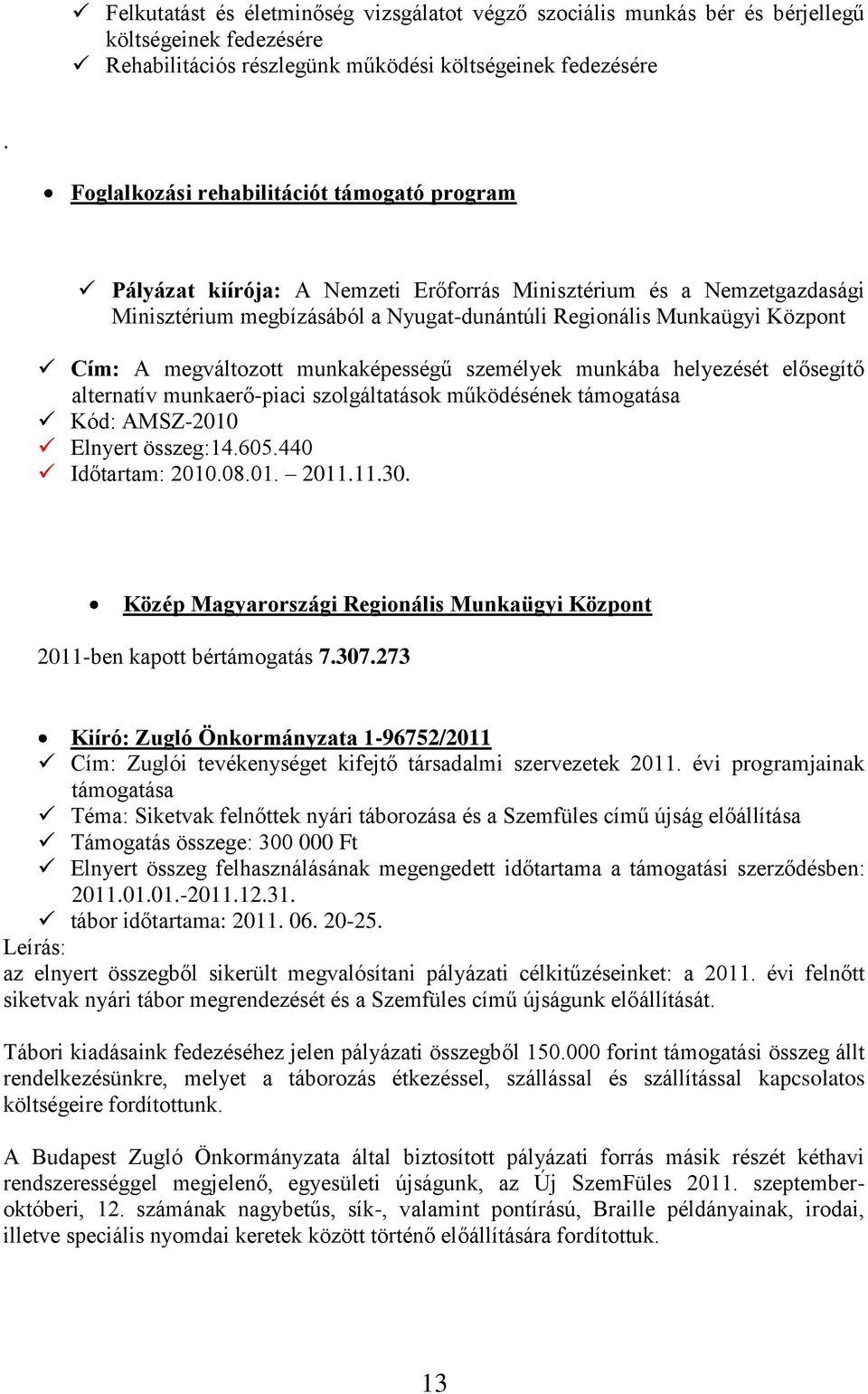 megváltozott munkaképességű személyek munkába helyezését elősegítő alternatív munkaerő-piaci szolgáltatások működésének támogatása Kód: AMSZ-2010 Elnyert összeg:14.605.440 Időtartam: 2010.08.01. 2011.