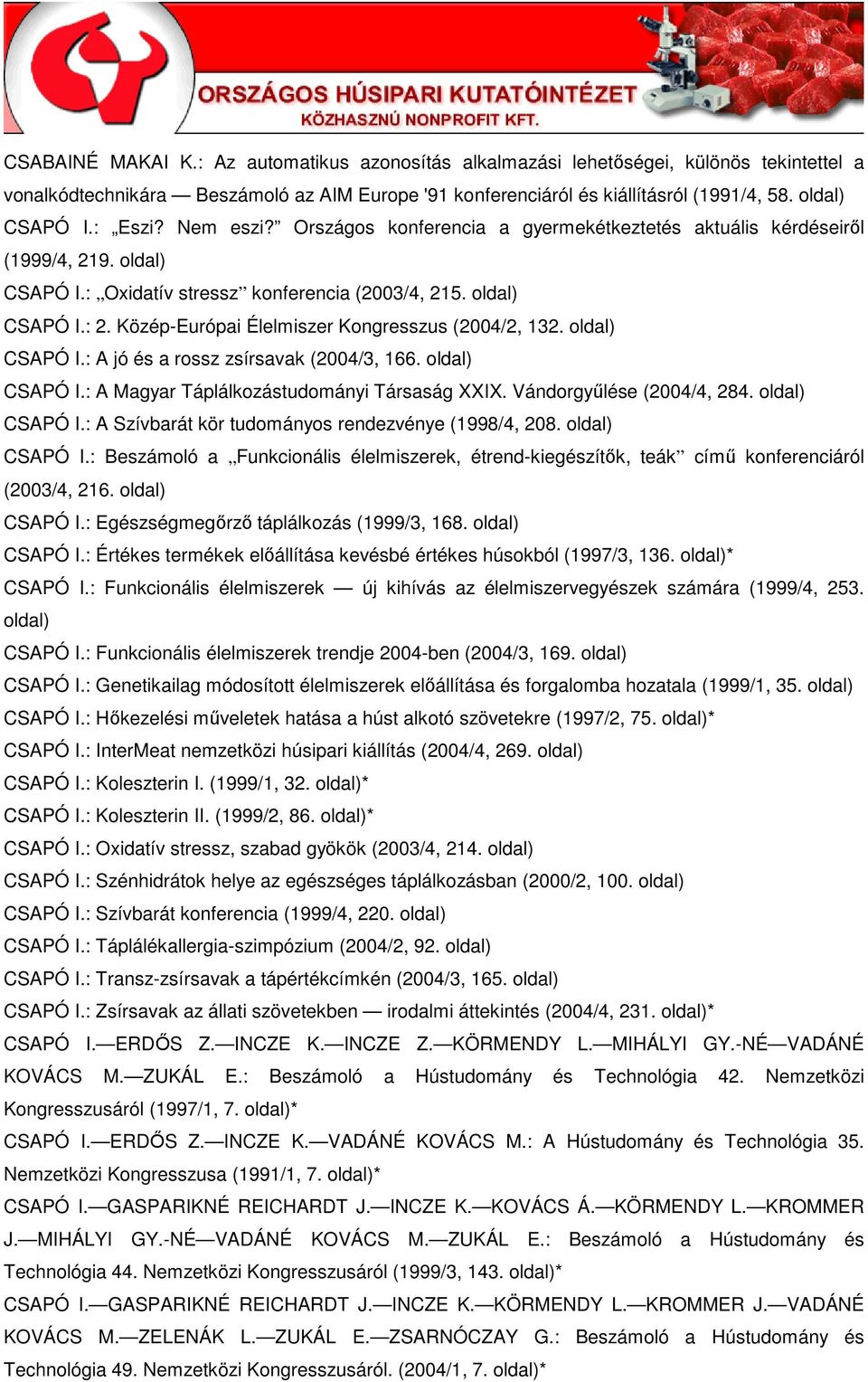 Közép-Európai Élelmiszer Kongresszus (2004/2, 132. CSAPÓ I.: A jó és a rossz zsírsavak (2004/3, 166. CSAPÓ I.: A Magyar Táplálkozástudományi Társaság XXIX. Vándorgyőlése (2004/4, 284. CSAPÓ I.: A Szívbarát kör tudományos rendezvénye (1998/4, 208.