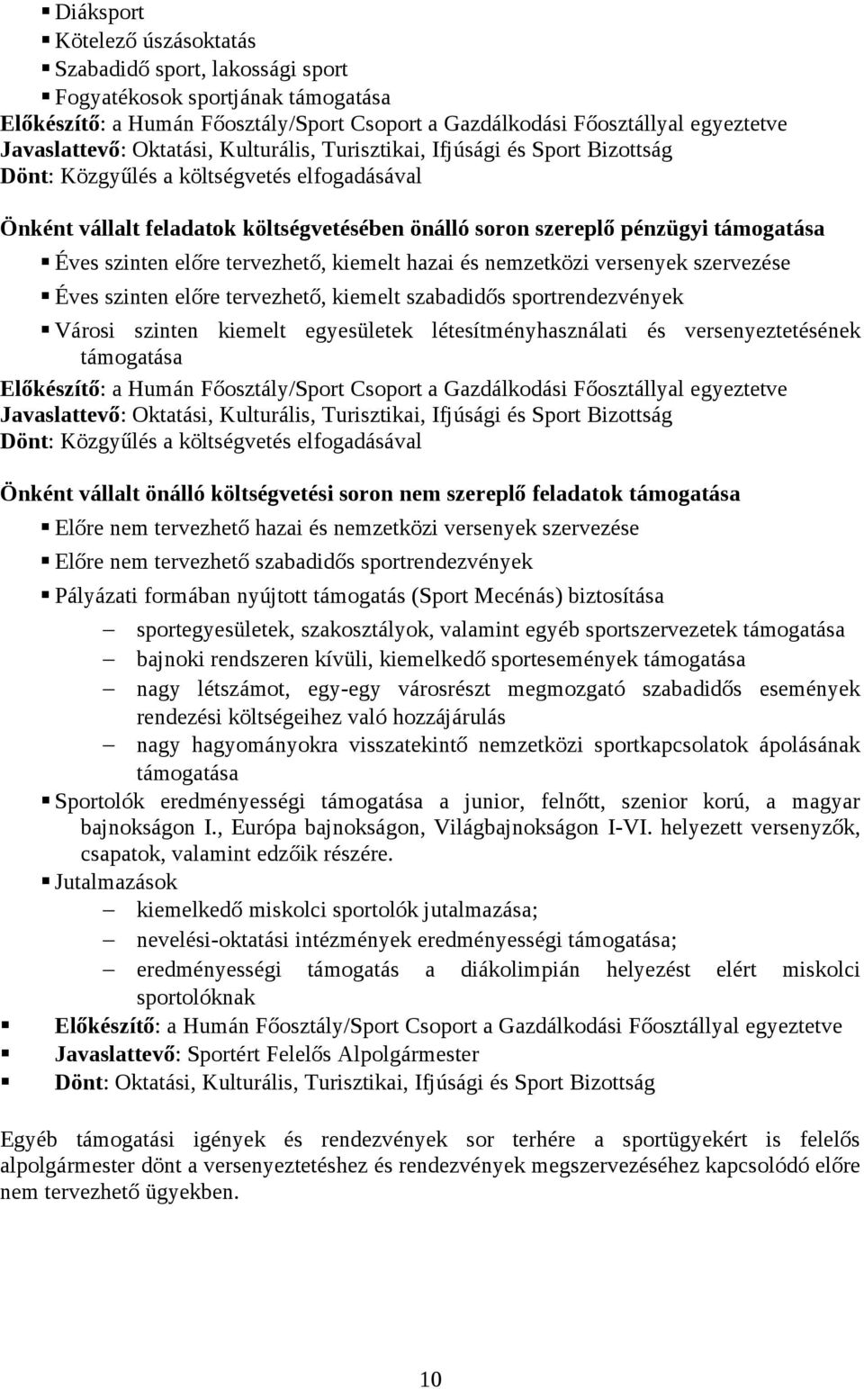 szinten előre tervezhető, kiemelt hazai és nemzetközi versenyek szervezése Éves szinten előre tervezhető, kiemelt szabadidős sportrendezvények Városi szinten kiemelt egyesületek létesítményhasználati