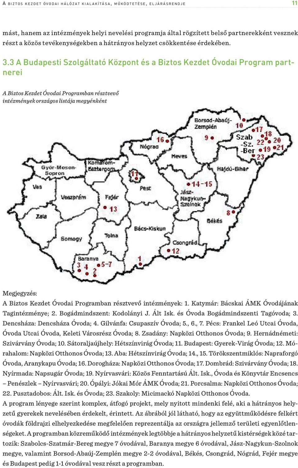 3 A Budapesti Szolgáltató Központ és a Biztos Kezdet Óvodai Program partnerei A Biztos Kezdet Óvodai Programban résztvevő intézmények országos listája megyénként Megjegyzés: A Biztos Kezdet Óvodai