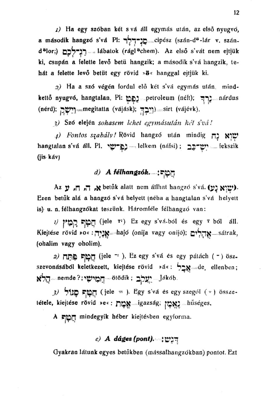 2) Ha a szó végén fordul elő két s'vá egymás titán, mindkettő nyugvó, hangtalan. Pl: petróleum (néfí); nárdus (nérd); megitatta (vájásk); sirt (vájévk).