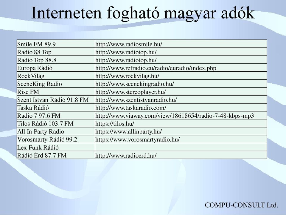 eu/radio/euradio/index.php http://www.rockvilag.hu/ http://www.scenekingradio.hu/ http://www.stereoplayer.hu/ http://www.szentistvanradio.hu/ http://www.taskaradio.