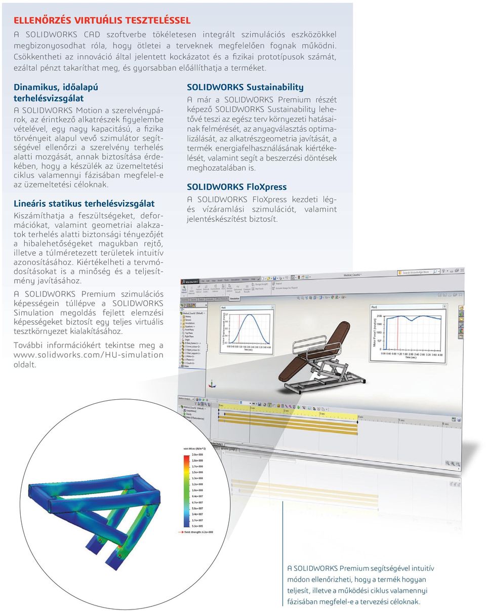Dinamikus, időalapú terhelésvizsgálat A SOLIDWORKS Motion a szerelvénypárok, az érintkező alkatrészek figyelembe vételével, egy nagy kapacitású, a fizika törvényeit alapul vevő szimulátor