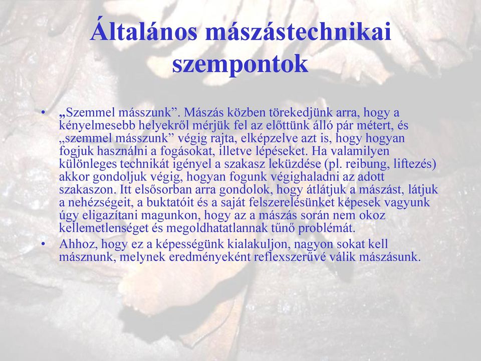 illetve lépéseket. Ha valamilyen különleges technikát igényel a szakasz leküzdése (pl. reibung, liftezés) akkor gondoljuk végig, hogyan fogunk végighaladni az adott szakaszon.