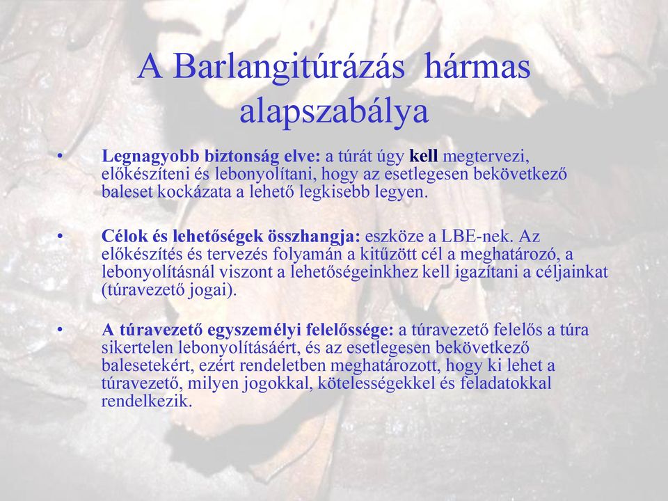 Az előkészítés és tervezés folyamán a kitűzött cél a meghatározó, a lebonyolításnál viszont a lehetőségeinkhez kell igazítani a céljainkat (túravezető jogai).
