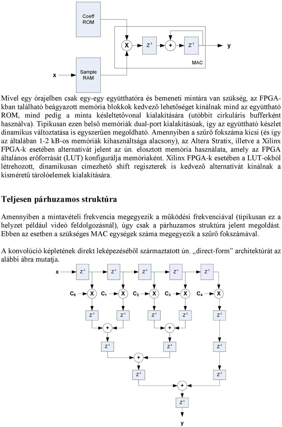 Tipikusan ezen belső memóriák dual-port kialakításúak, így az együttható készlet dinamikus változtatása is egyszerűen megoldható.