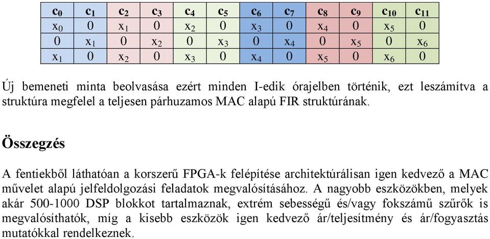 Összegzés A fentiekből láthatóan a korszerű FPGA-k felépítése architektúrálisan igen kedvező a MAC művelet alapú jelfeldolgozási feladatok megvalósításához.