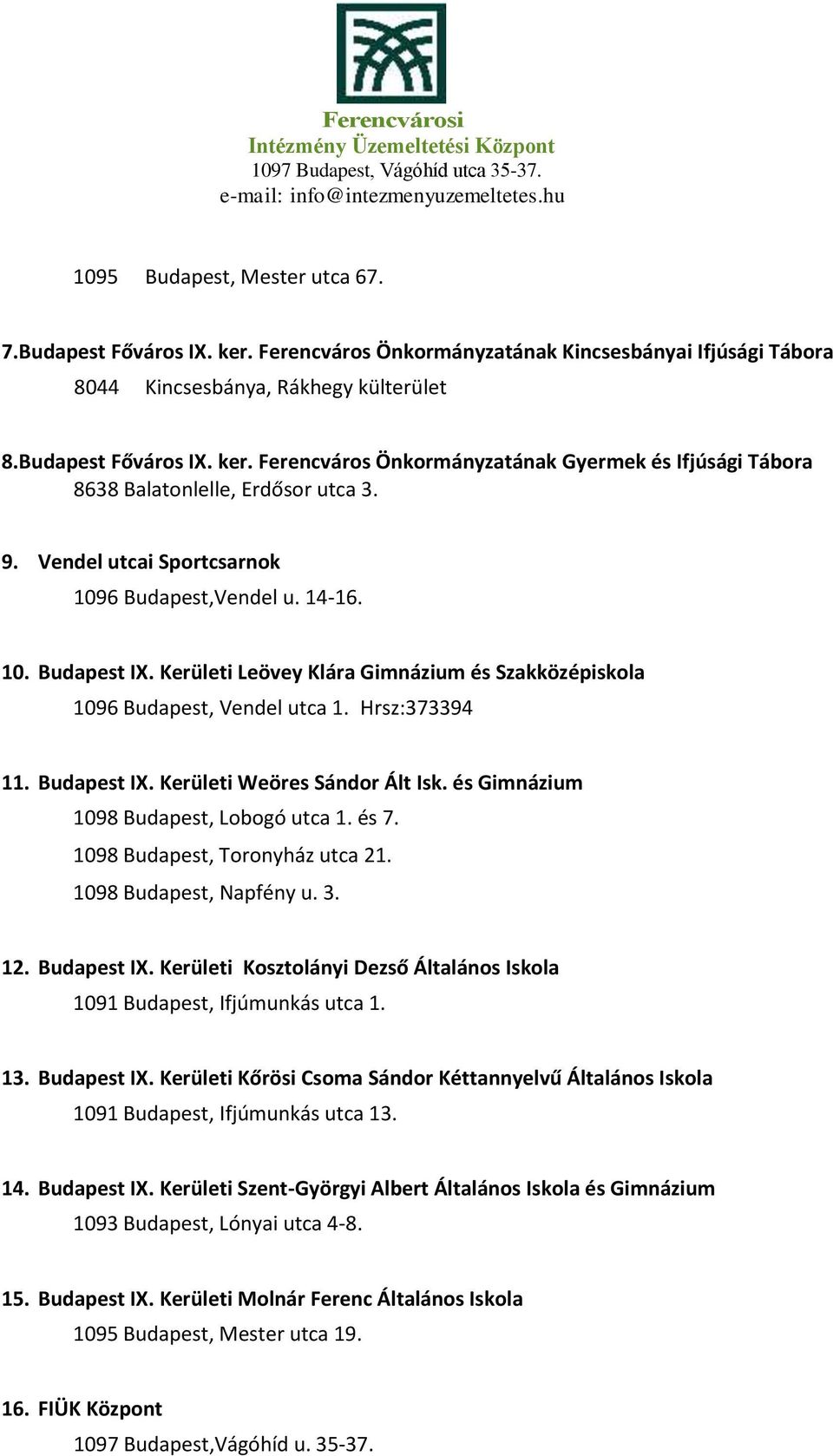 és Gimnázium 1098 Budapest, Lobogó utca 1. és 7. 1098 Budapest, Toronyház utca 21. 1098 Budapest, Napfény u. 3. 12. Budapest IX.